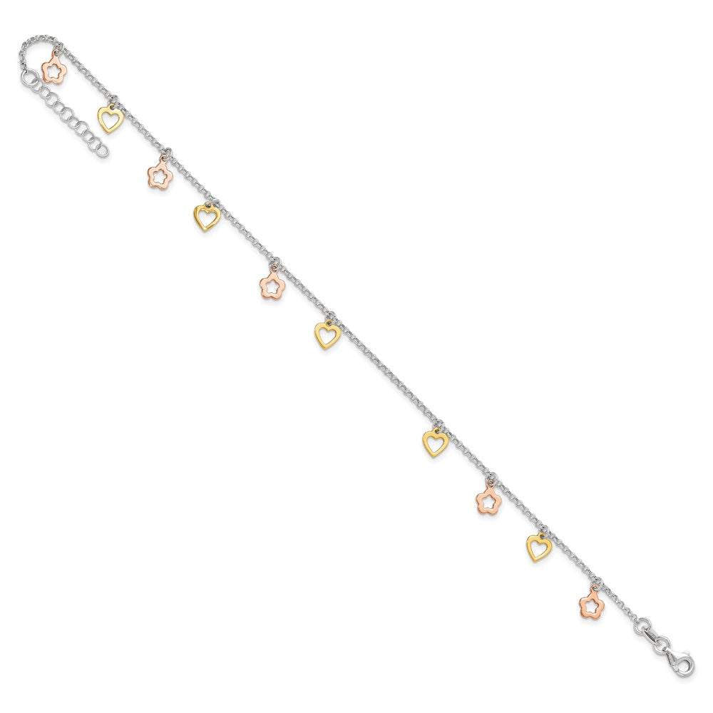 Sterling Silver Gold and Rose-tone Heart Flower 9in Plus 1in ext. Anklet