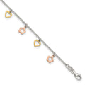 Sterling Silver Gold and Rose-tone Heart Flower 9in Plus 1in ext. Anklet