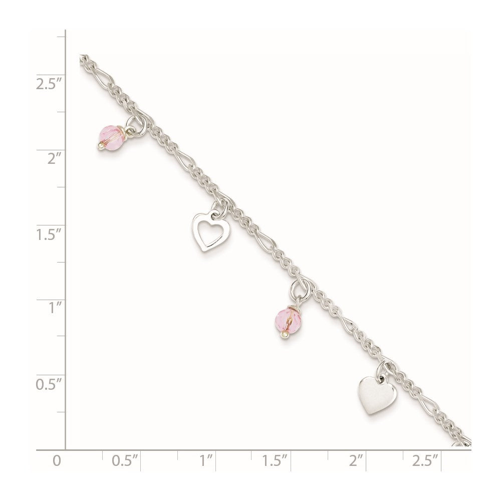 Sterling Silver Pink Glass Beads and Polished Hearts 1in w/ext. Anklet