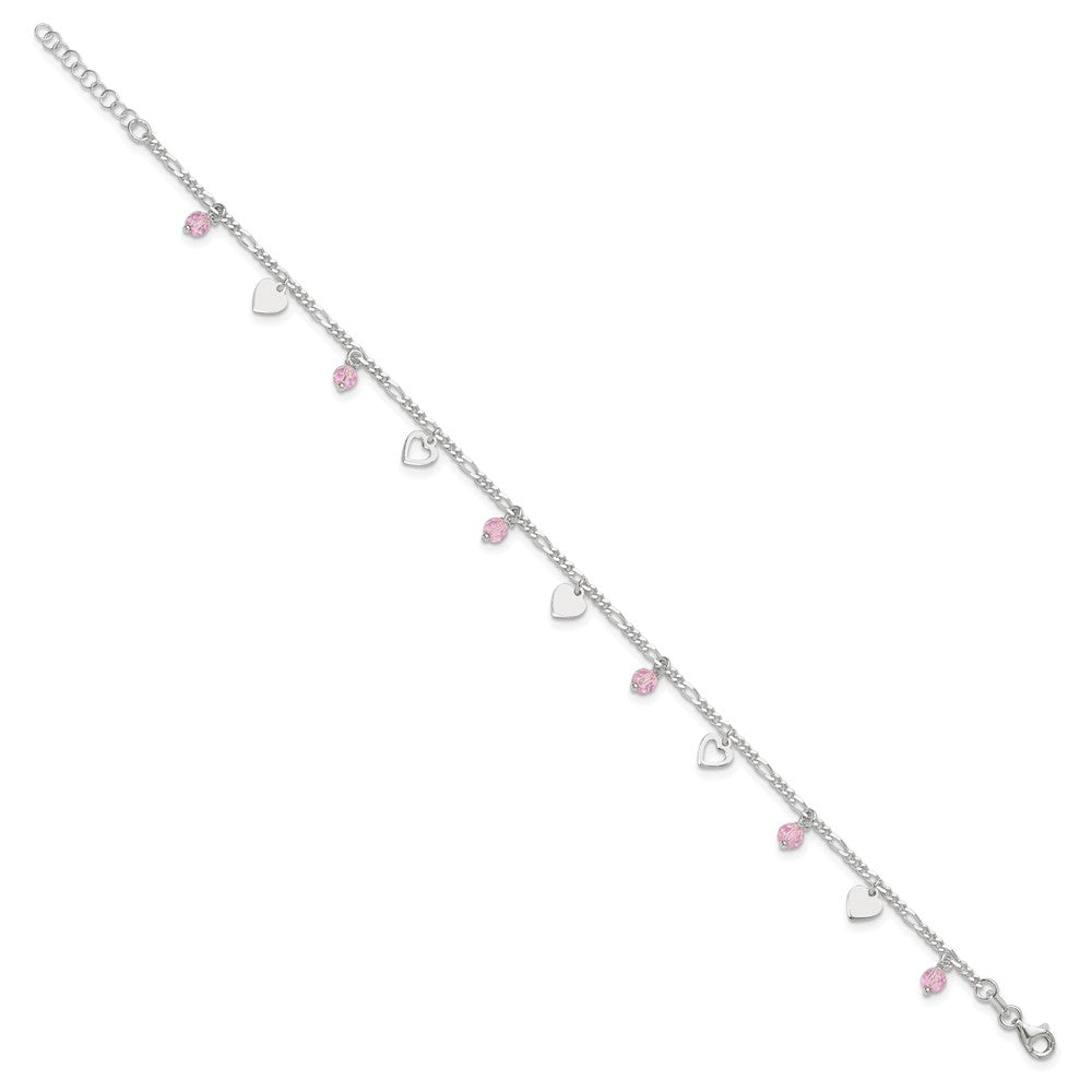Sterling Silver Pink Glass Beads and Polished Hearts 1in w/ext. Anklet