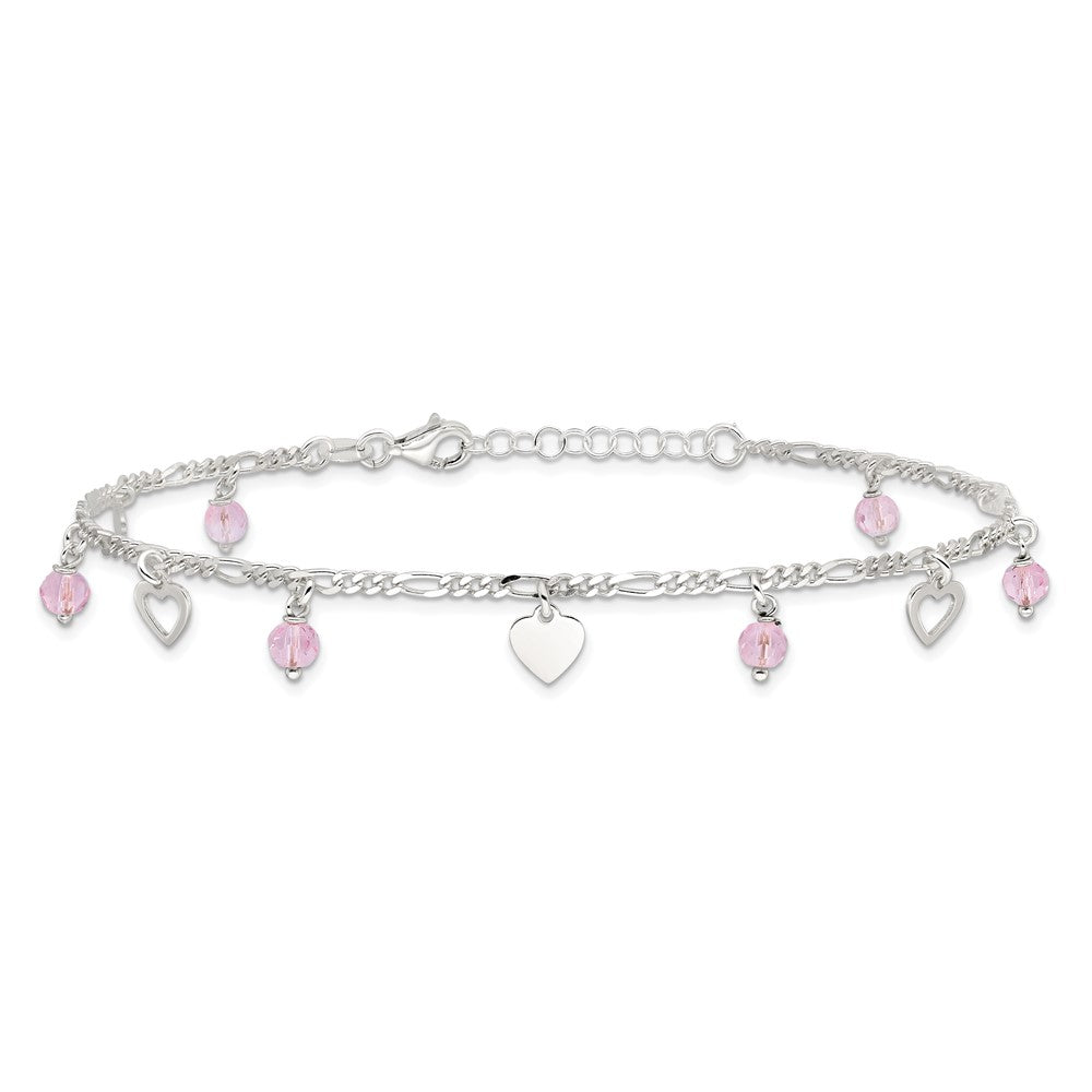 Sterling Silver Pink Glass Beads and Polished Hearts 1in w/ext. Anklet