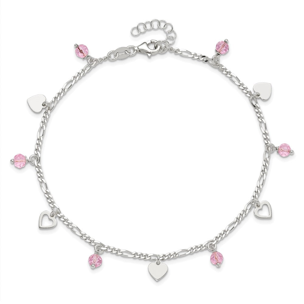 Sterling Silver Pink Glass Beads and Polished Hearts 1in w/ext. Anklet
