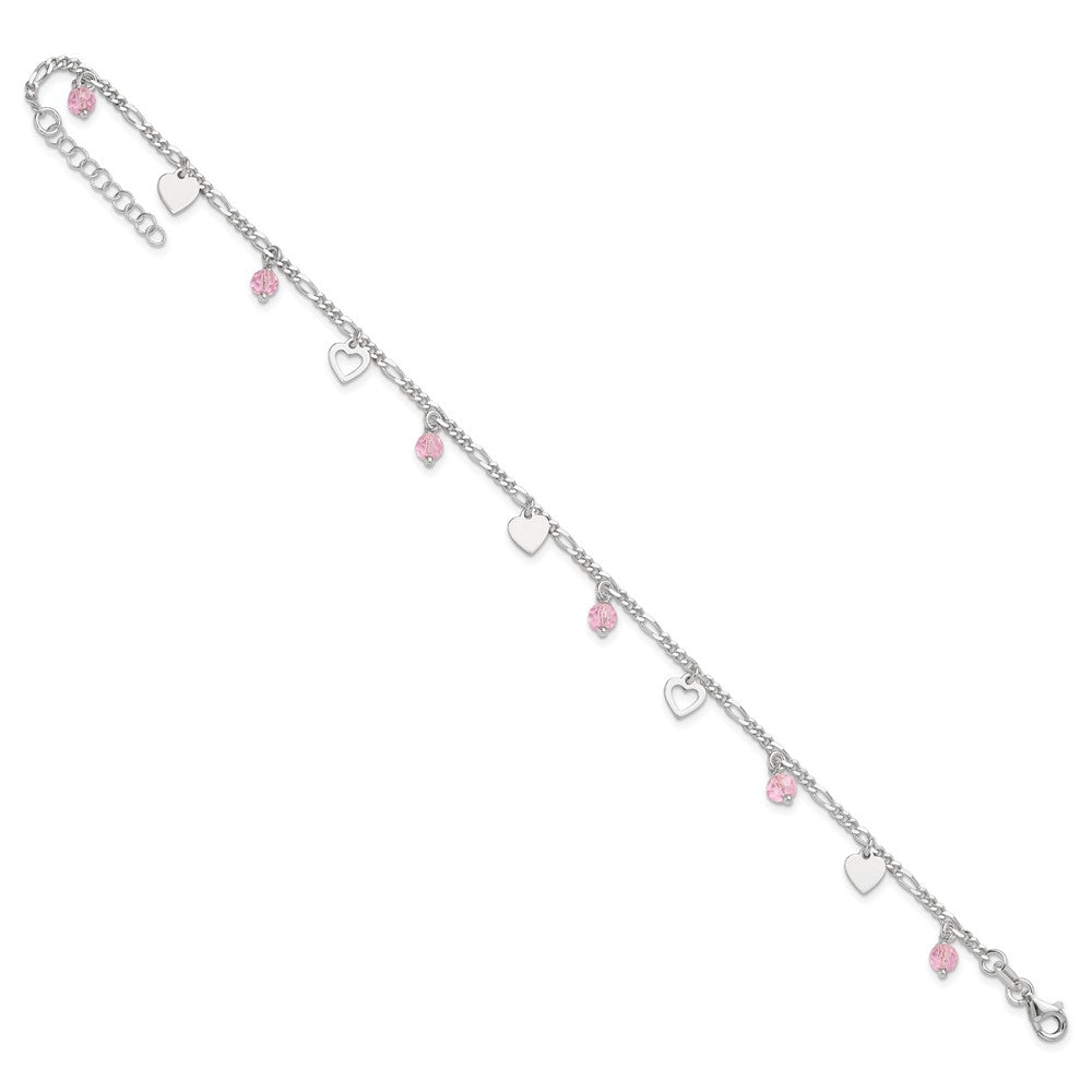 Sterling Silver Pink Glass Beads and Polished Hearts 1in w/ext. Anklet