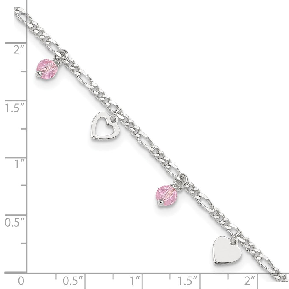 Sterling Silver Pink Glass Beads and Polished Hearts 1in w/ext. Anklet