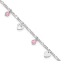 Sterling Silver Pink Glass Beads and Polished Hearts 1in w/ext. Anklet