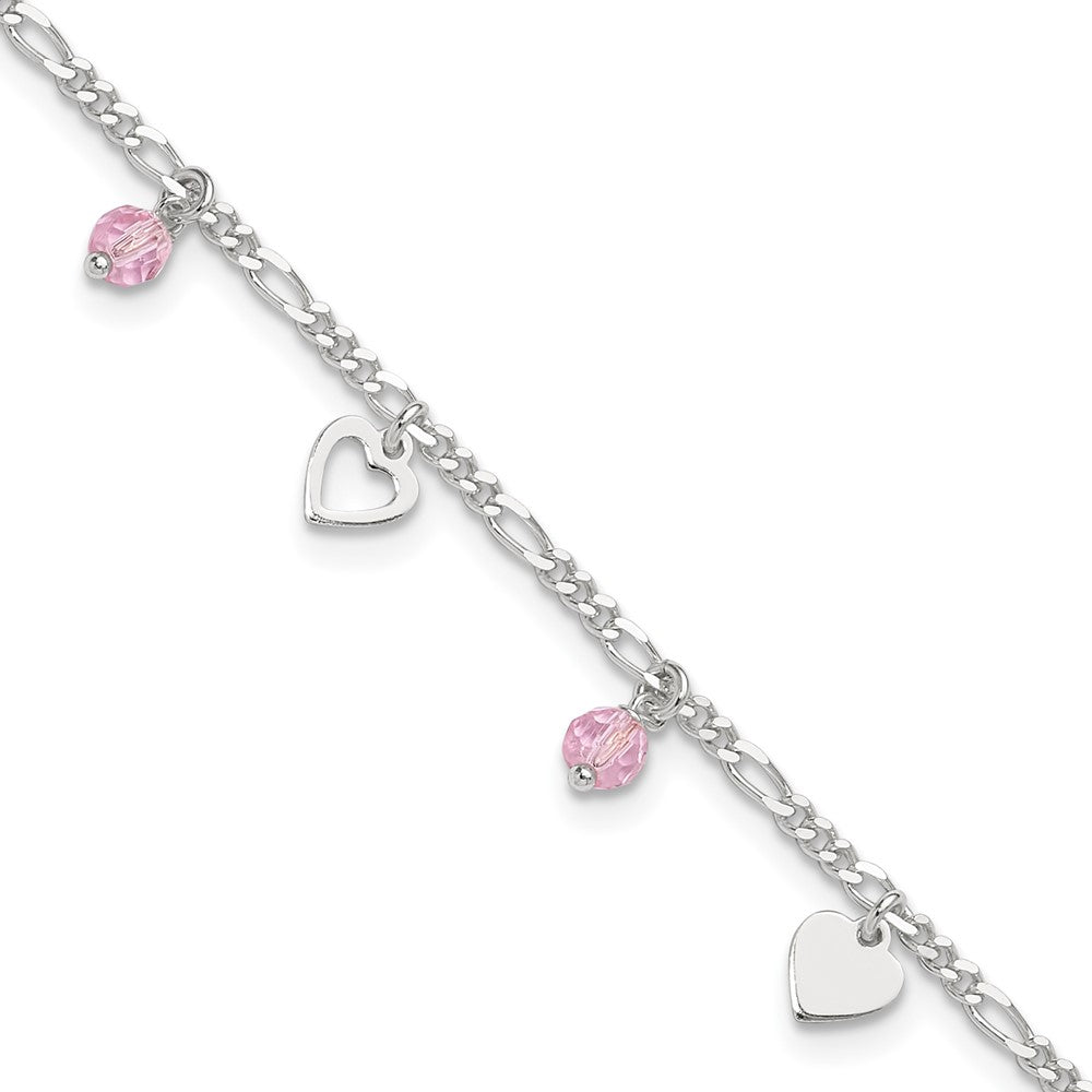 Sterling Silver Pink Glass Beads and Polished Hearts 1in w/ext. Anklet