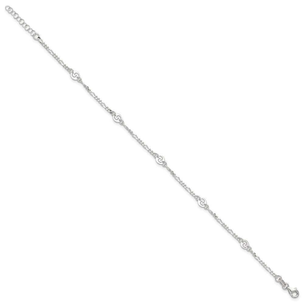 Sterling Silver Polished Swirl Disc 9in Plus 1in ext. Anklet