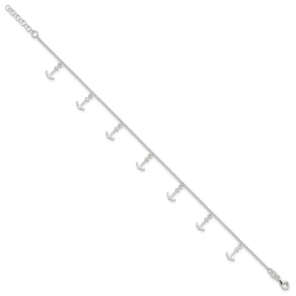 Sterling Silver Polished Anchors 9in Plus 1in Ext. Anklet