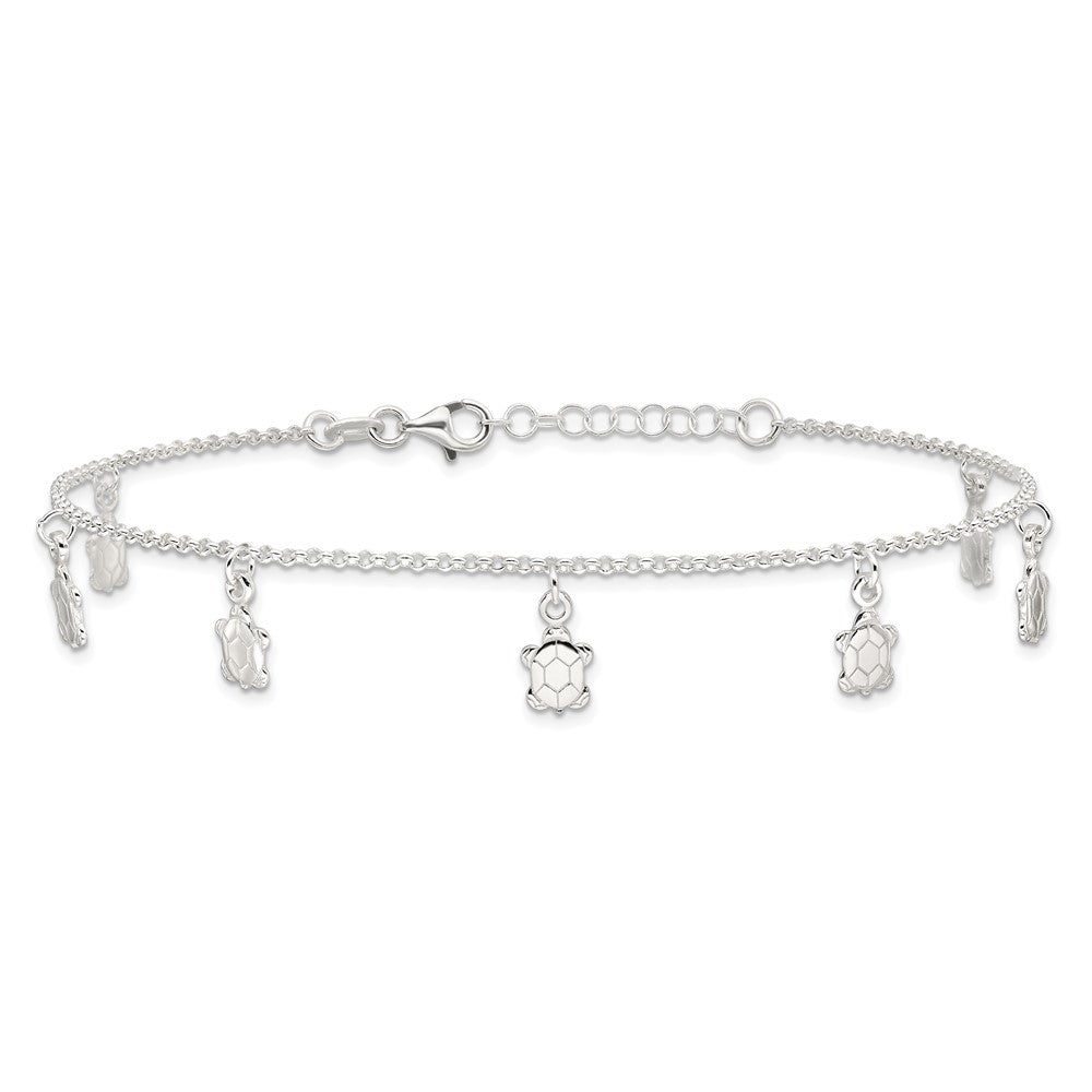 Sterling Silver Polished Turtle 9in Plus 1in Ext. Anklet