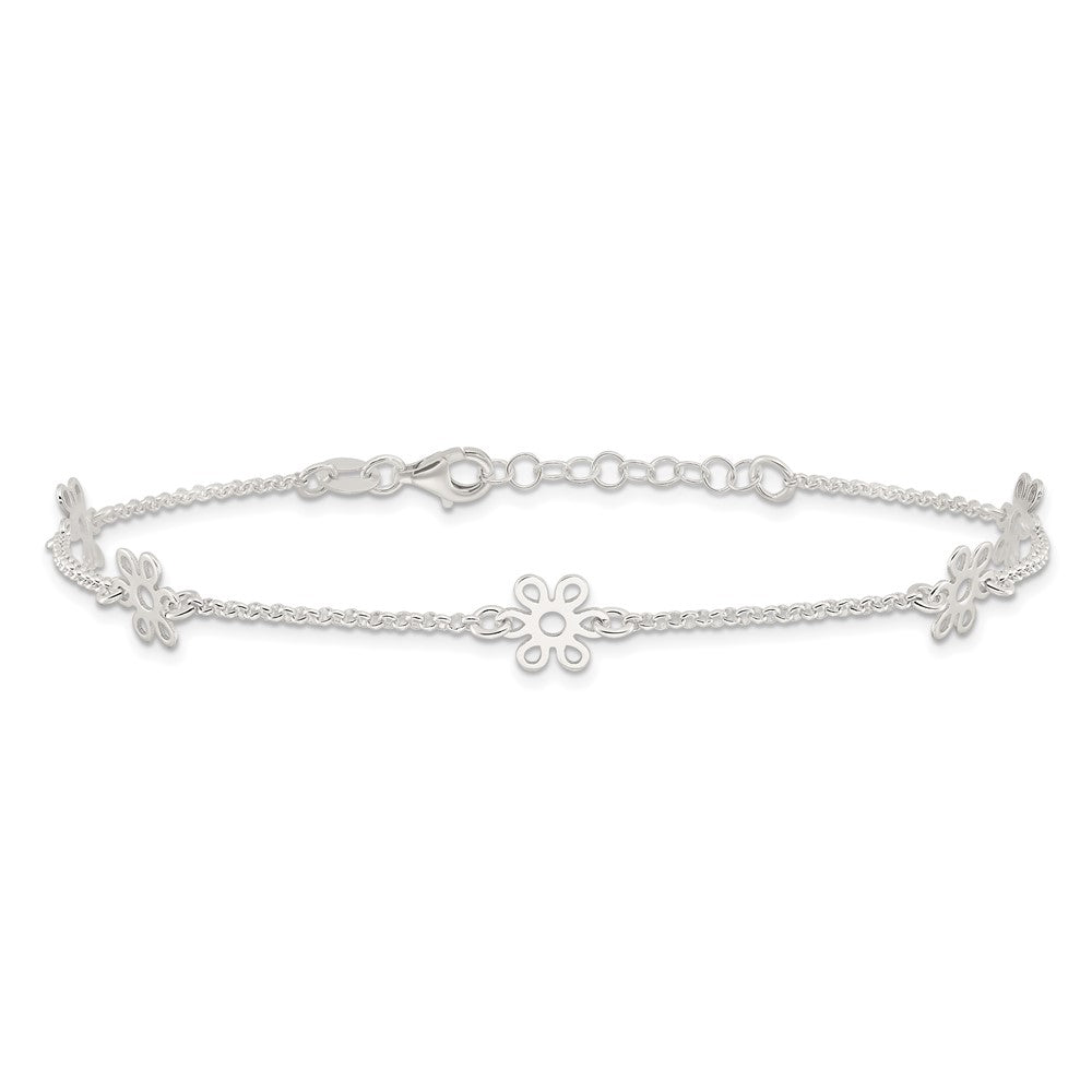 Sterling Silver Polished Flower 9in Plus 1in Ext. Anklet