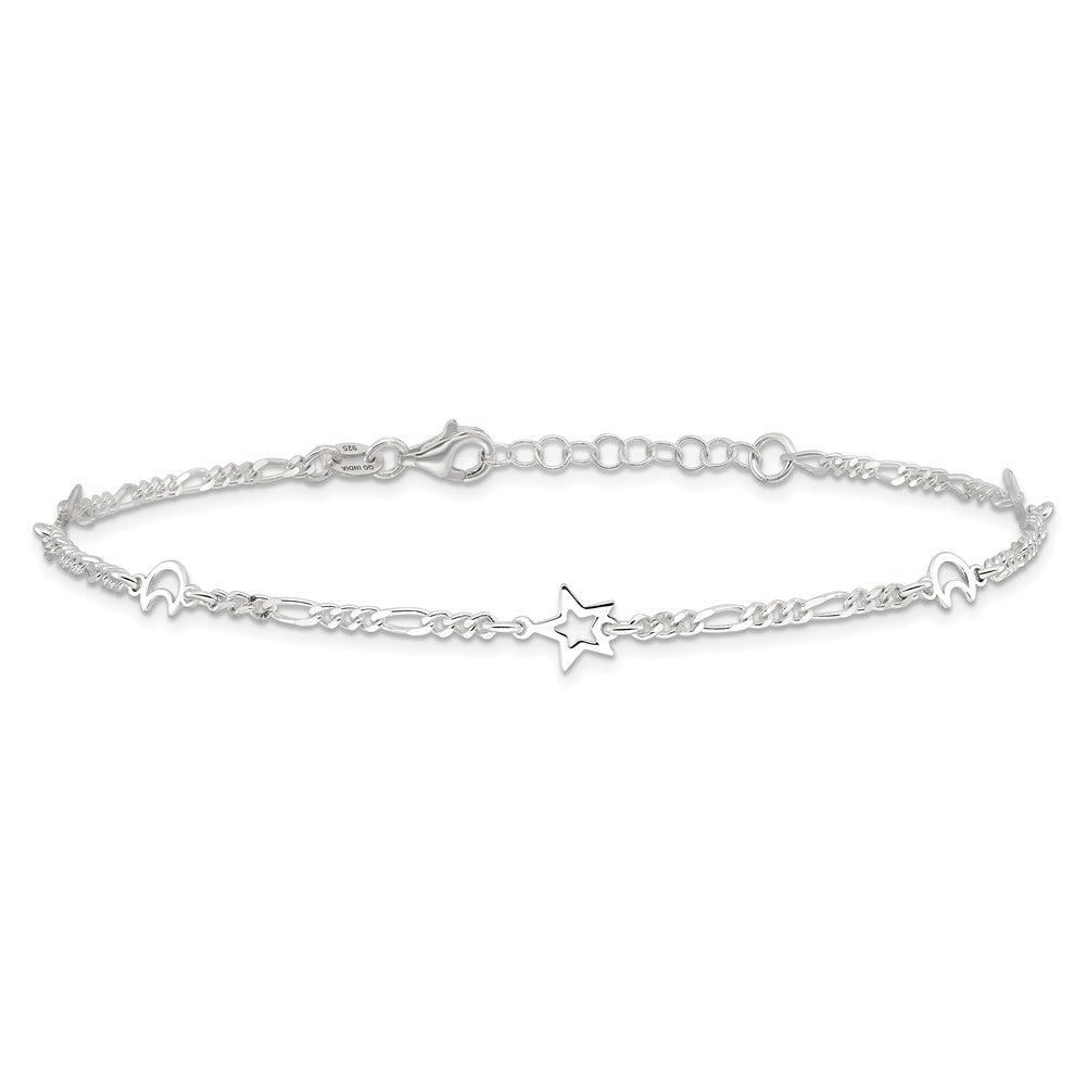 Sterling Silver Polished Moon and Star Plus Ext. Anklet