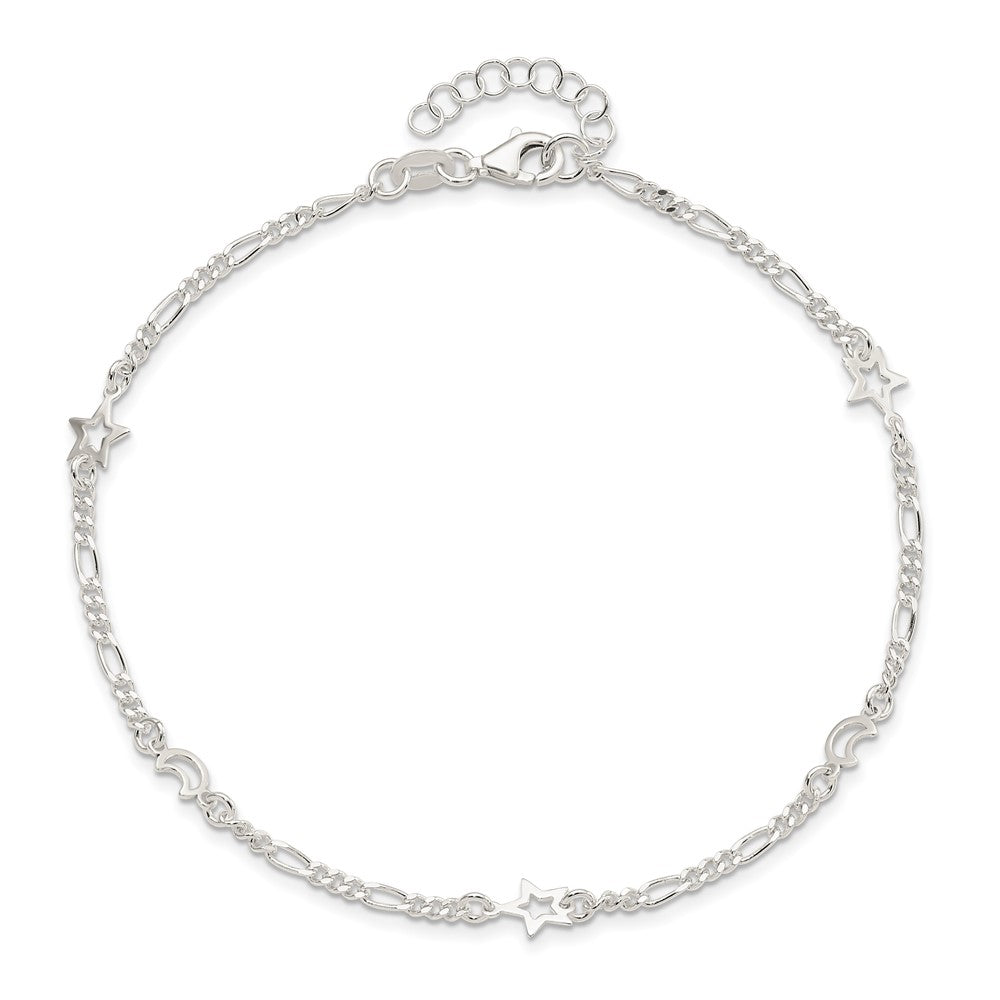 Sterling Silver Polished Moon and Star Plus Ext. Anklet