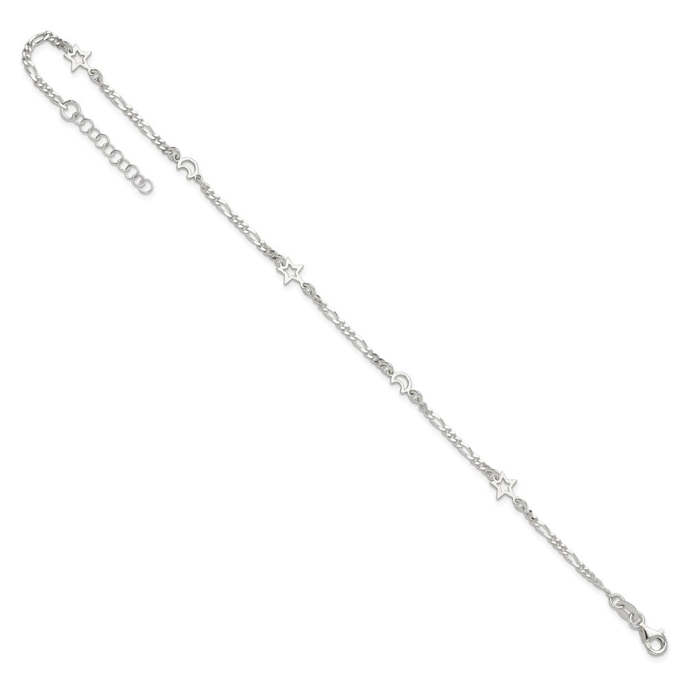 Sterling Silver Polished Moon and Star Plus Ext. Anklet