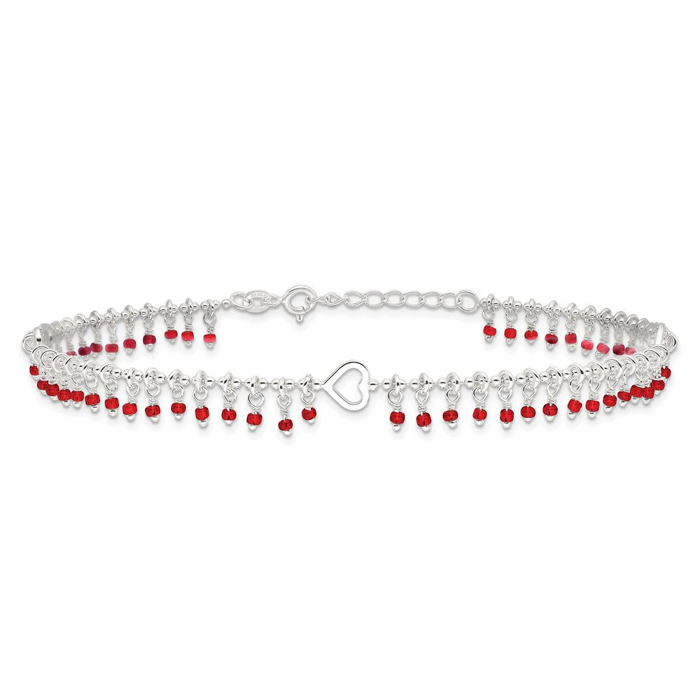 Sterling Silver Red Beads 10in Plus 1in Ext. Anklet