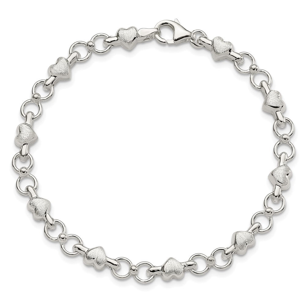 Sterling Silver Polished Circles and Brushed Hearts Bracelet