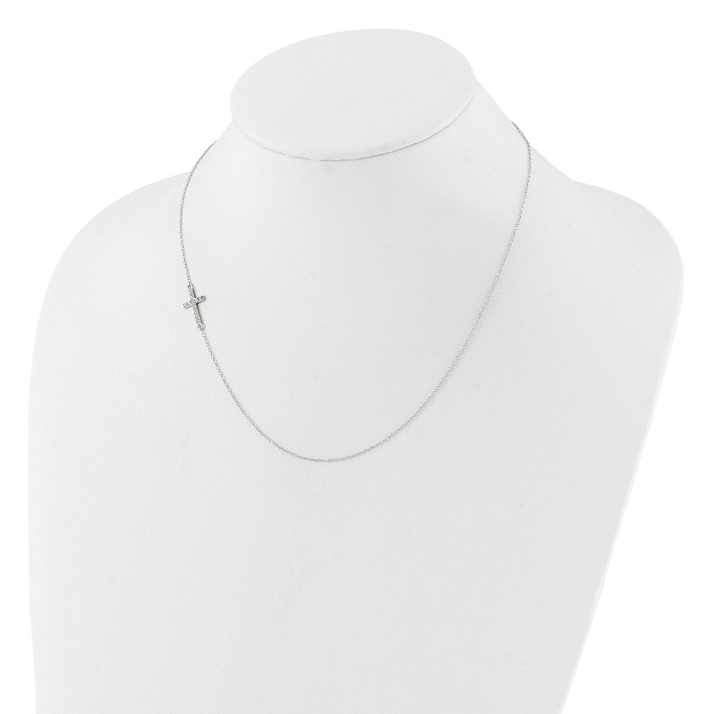 Sterling Silver Rhod-pltd CZ Offset Sideways Cross w/ Ext Necklace