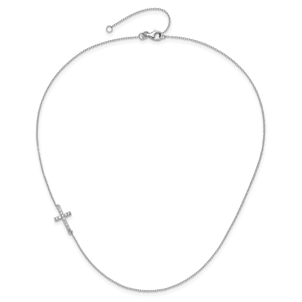 Sterling Silver Rhod-pltd CZ Offset Sideways Cross w/ Ext Necklace
