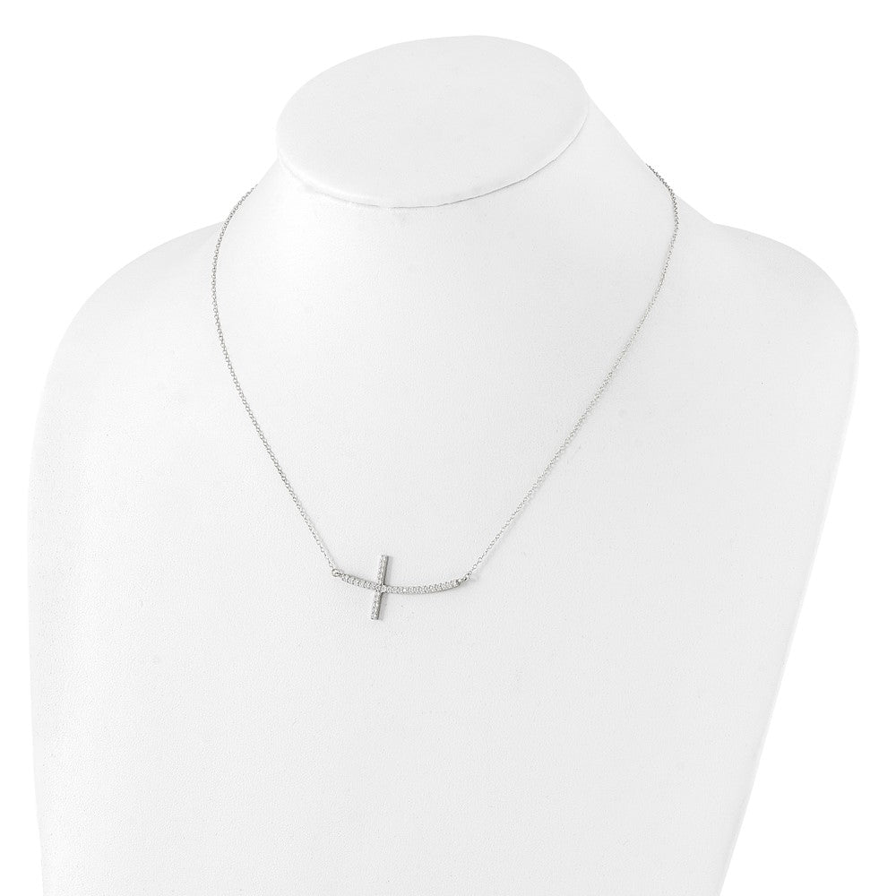 Sterling Silver Rhodium-plated CZ Sideways Cross w/ Ext Necklace