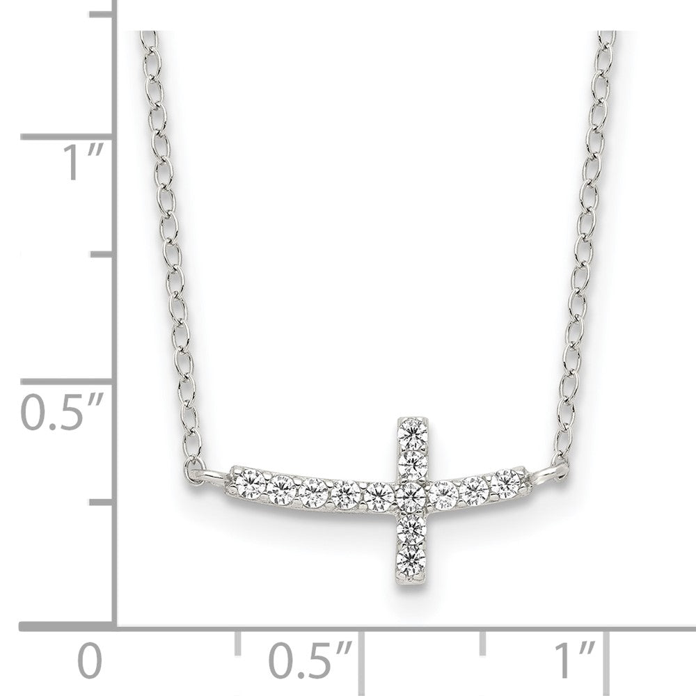Sterling Silver Rhodium-plated CZ Sideways Cross w/ Ext Necklace