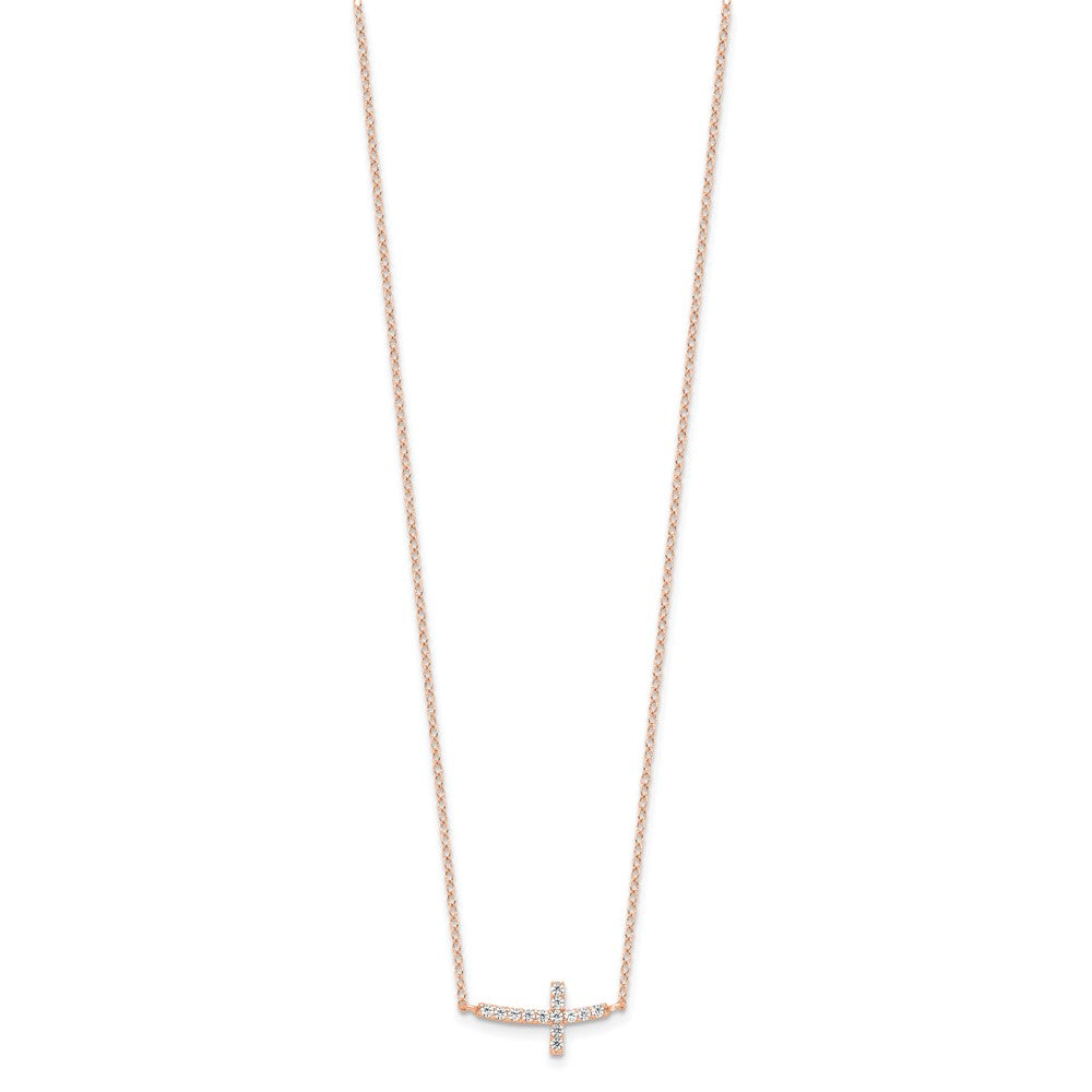 Sterling Silver Rose Gold-plated CZ Sideways Cross w/ Ext Necklace