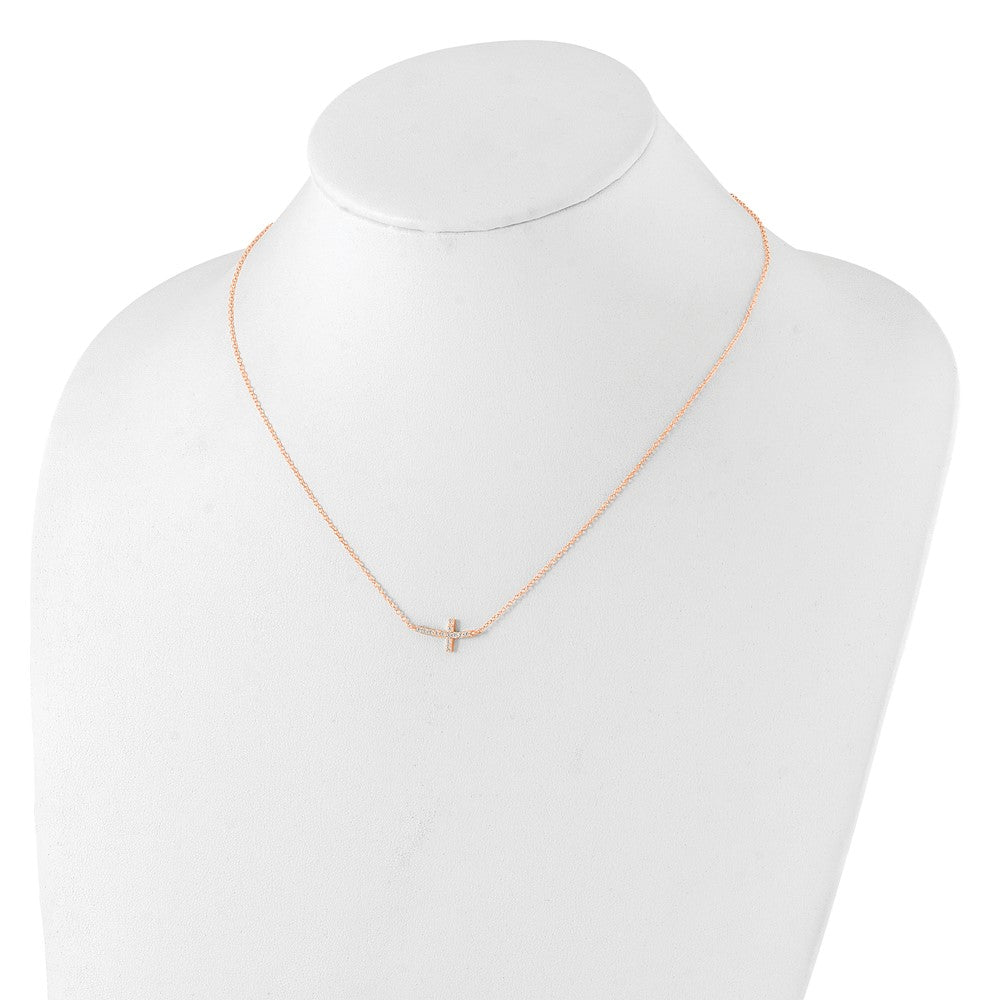 Sterling Silver Rose Gold-plated CZ Sideways Cross w/ Ext Necklace
