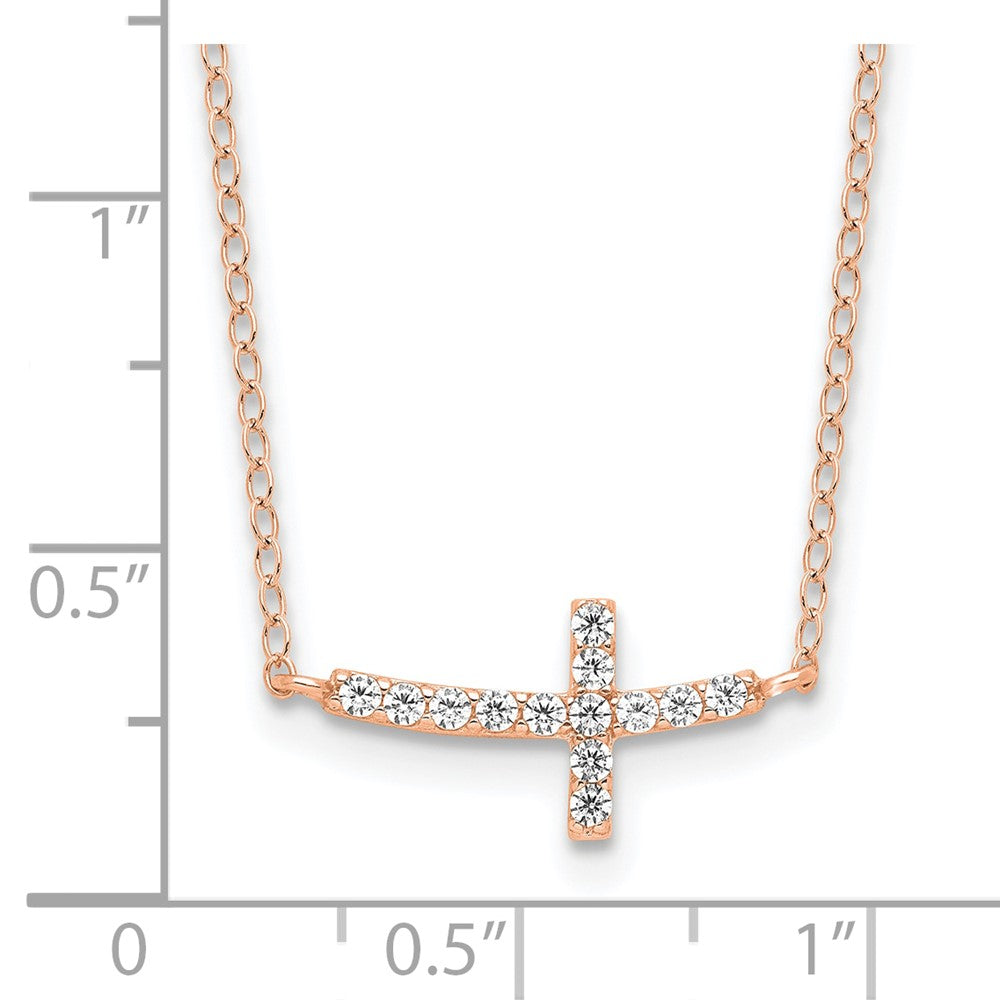 Sterling Silver Rose Gold-plated CZ Sideways Cross w/ Ext Necklace
