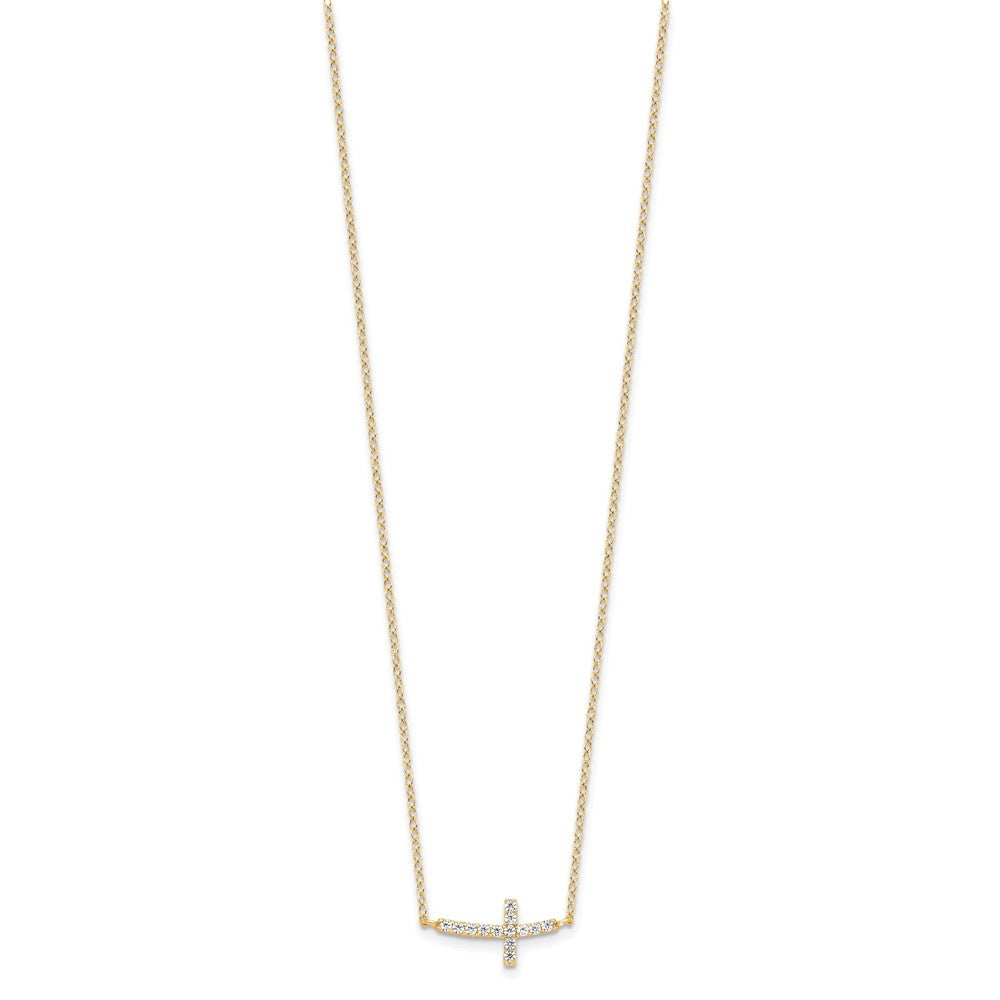 Sterling Silver Yellow Gold-plated CZ Sideways Cross w/ Ext Necklace