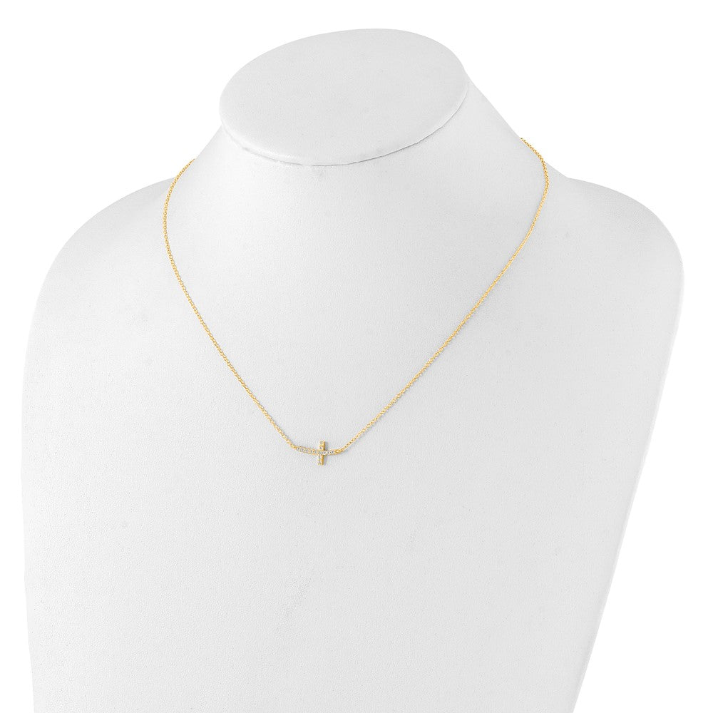 Sterling Silver Yellow Gold-plated CZ Sideways Cross w/ Ext Necklace