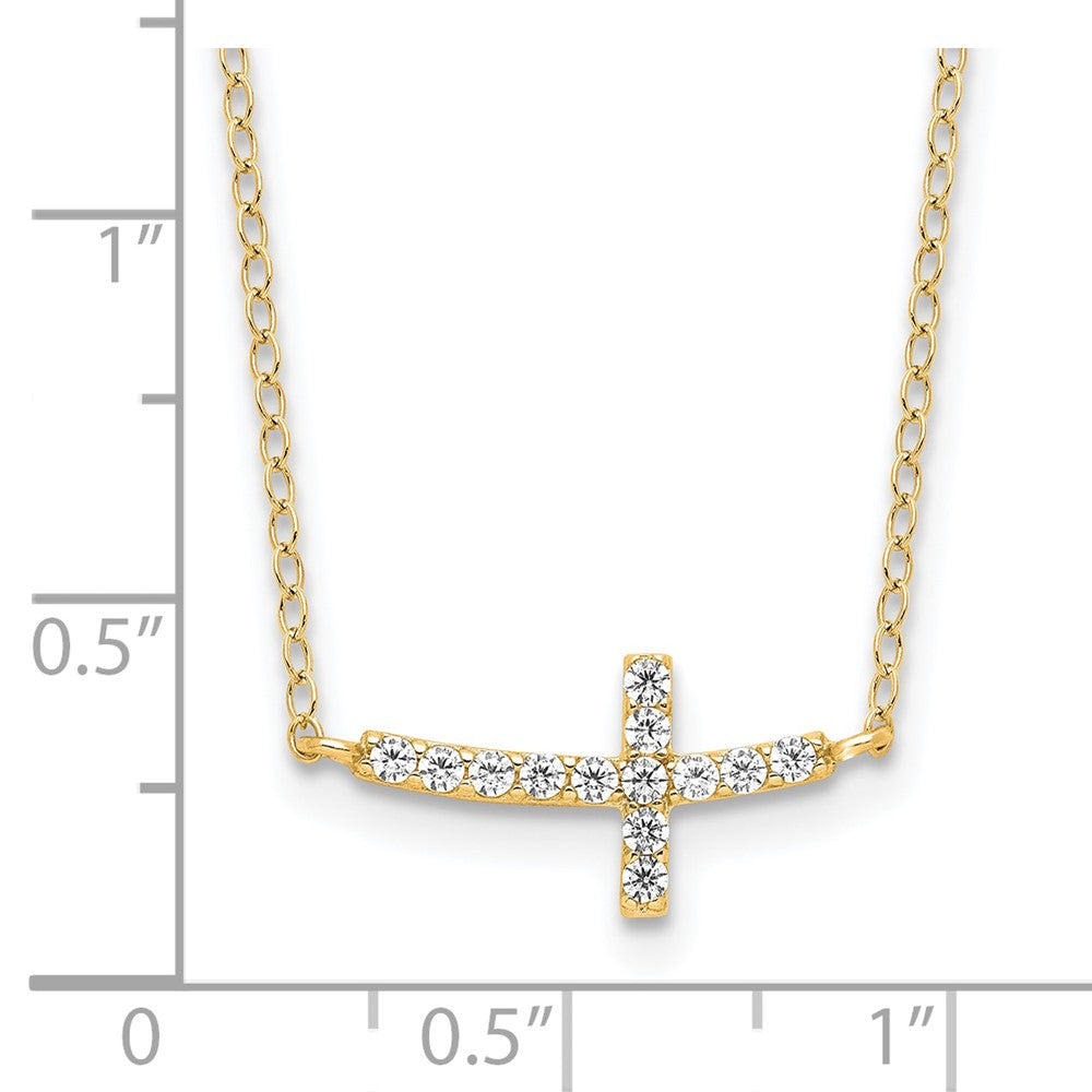Sterling Silver Yellow Gold-plated CZ Sideways Cross w/ Ext Necklace