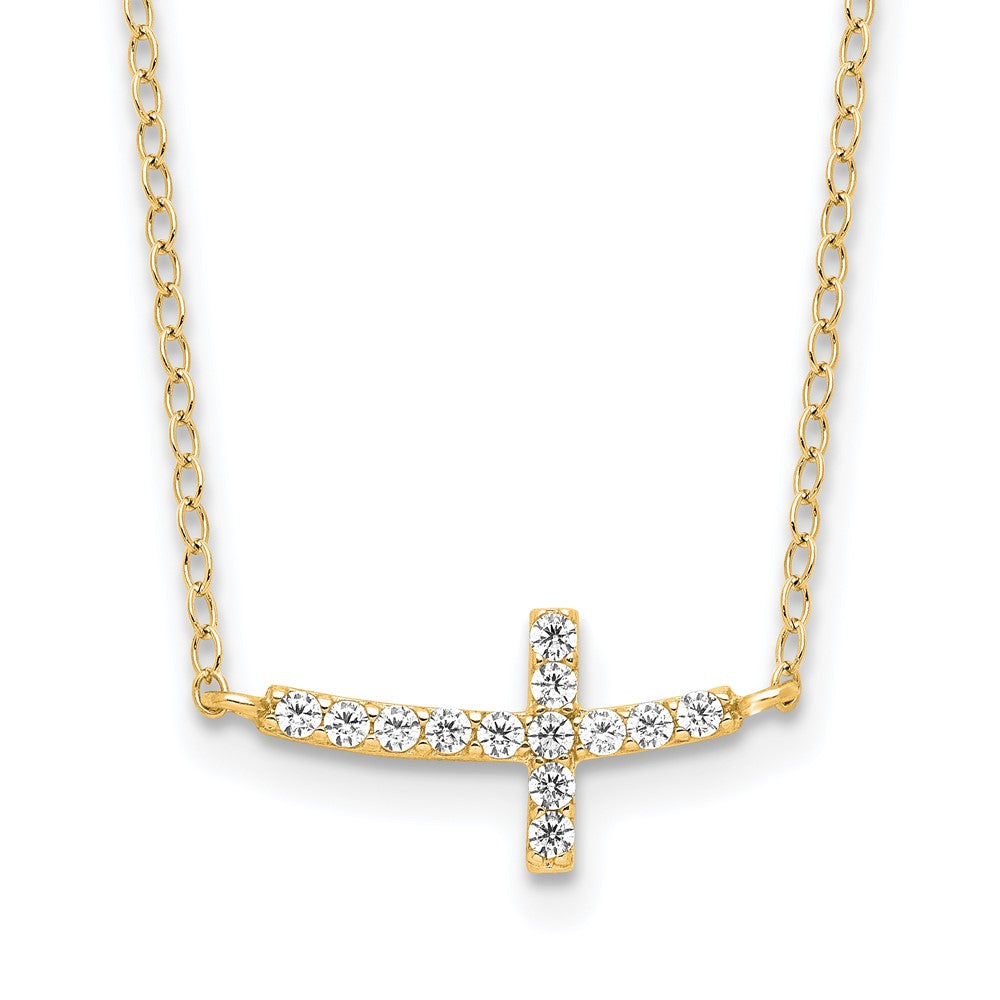 Sterling Silver Yellow Gold-plated CZ Sideways Cross w/ Ext Necklace