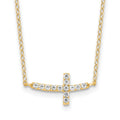 Sterling Silver Yellow Gold-plated CZ Sideways Cross w/ Ext Necklace