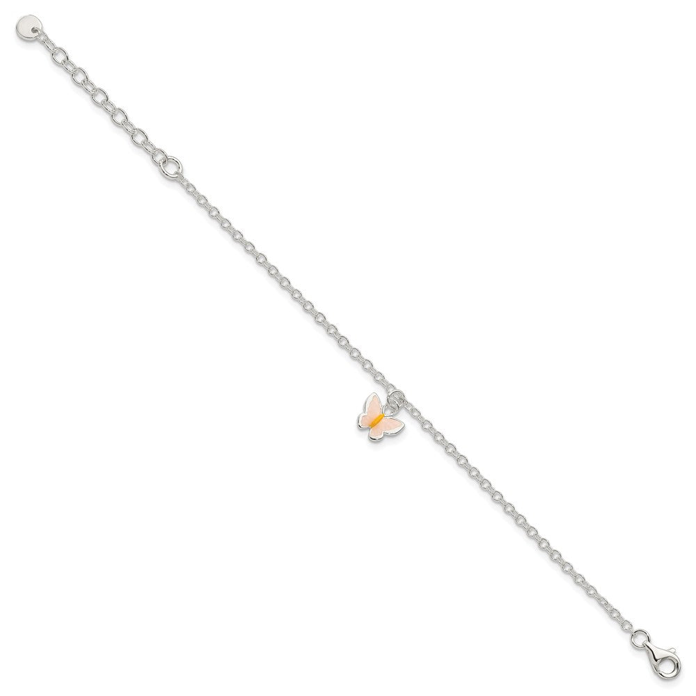 Sterling Silver Polished Enamel Butterfly 5.5 Inch w/ 1.5in ext. Bracelet