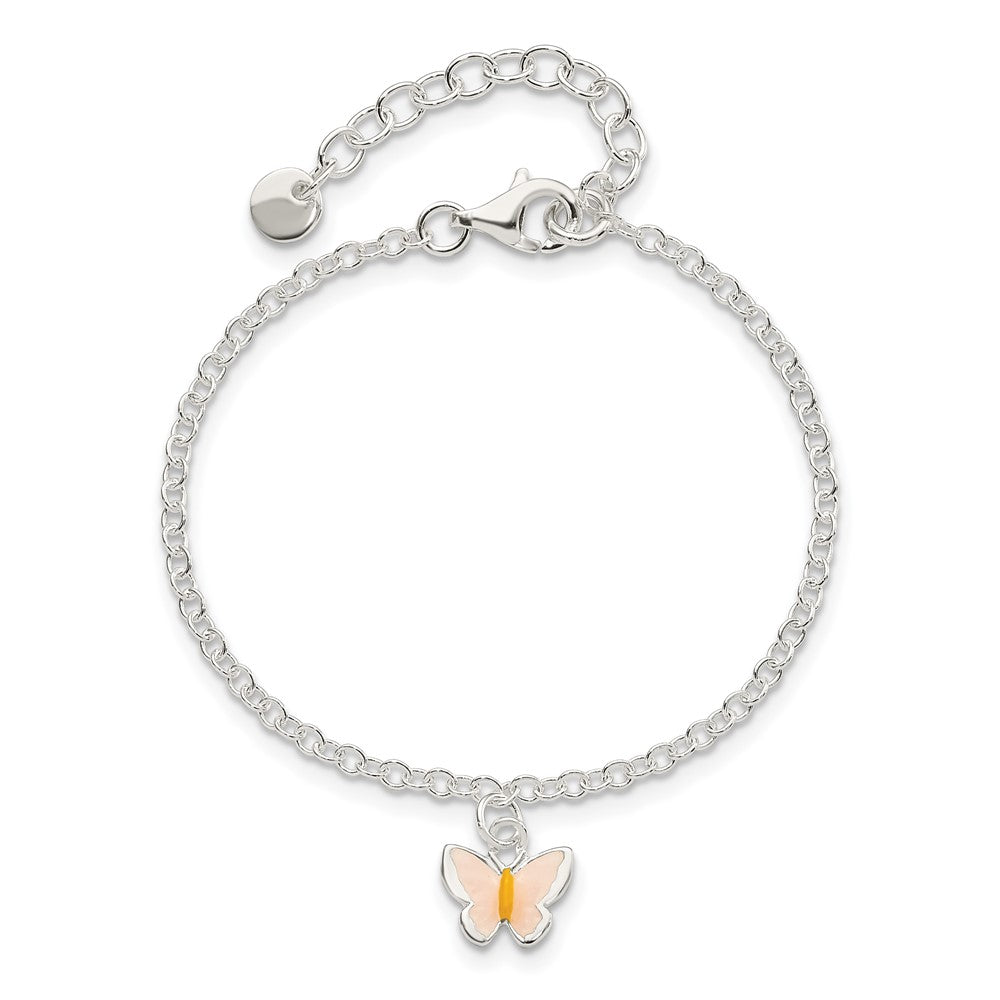 Sterling Silver Polished Enamel Butterfly 5.5 Inch w/ 1.5in ext. Bracelet