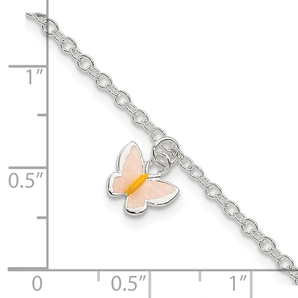 Sterling Silver Polished Enamel Butterfly 5.5 Inch w/ 1.5in ext. Bracelet