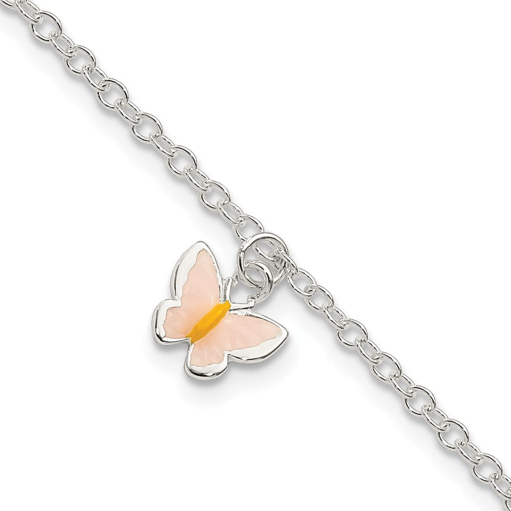Sterling Silver Polished Enamel Butterfly 5.5 Inch w/ 1.5in ext. Bracelet