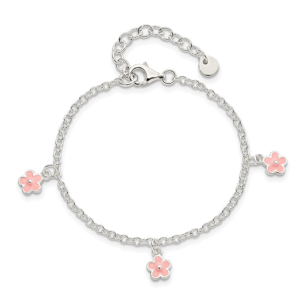 Sterling Silver Polished Pink Enamel Flowers 5.5in w/1.5in Ext Bracelet