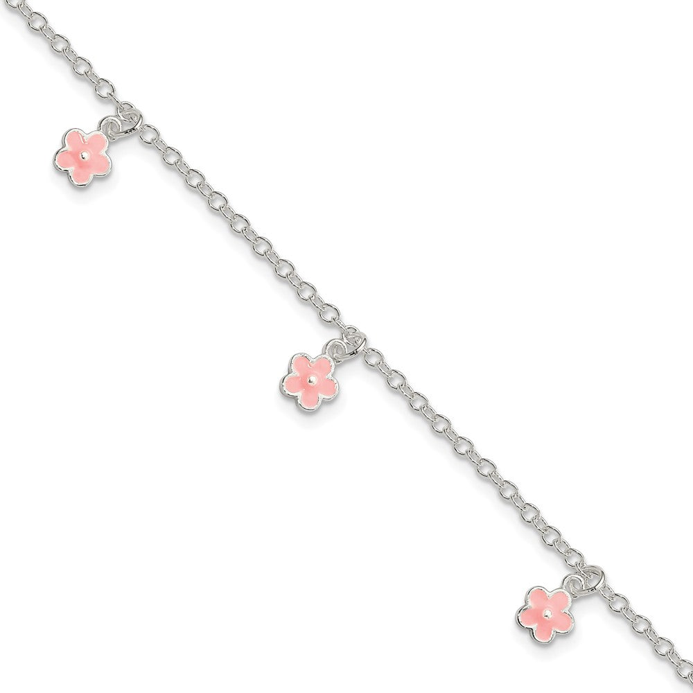 Sterling Silver Polished Pink Enamel Flowers 5.5in w/1.5in Ext Bracelet