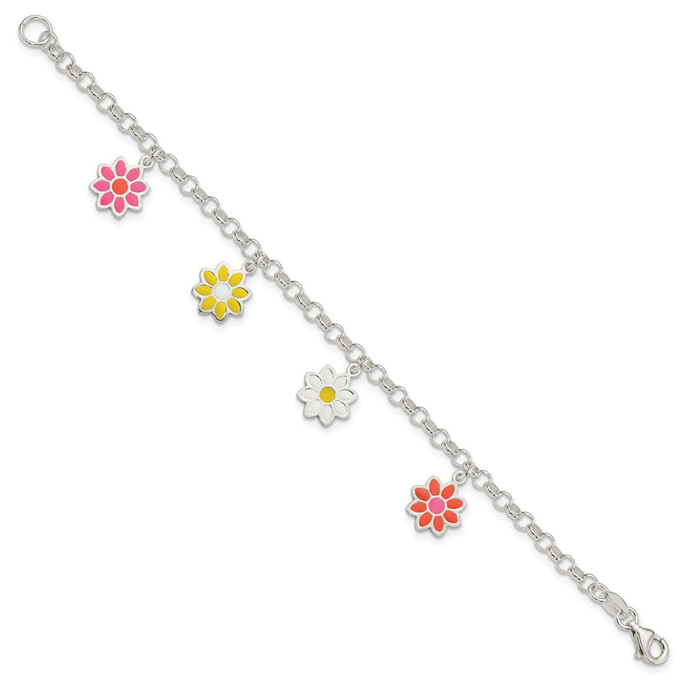 Sterling Silver Polished Multi-color Enamel Dangle Flowers Bracelet