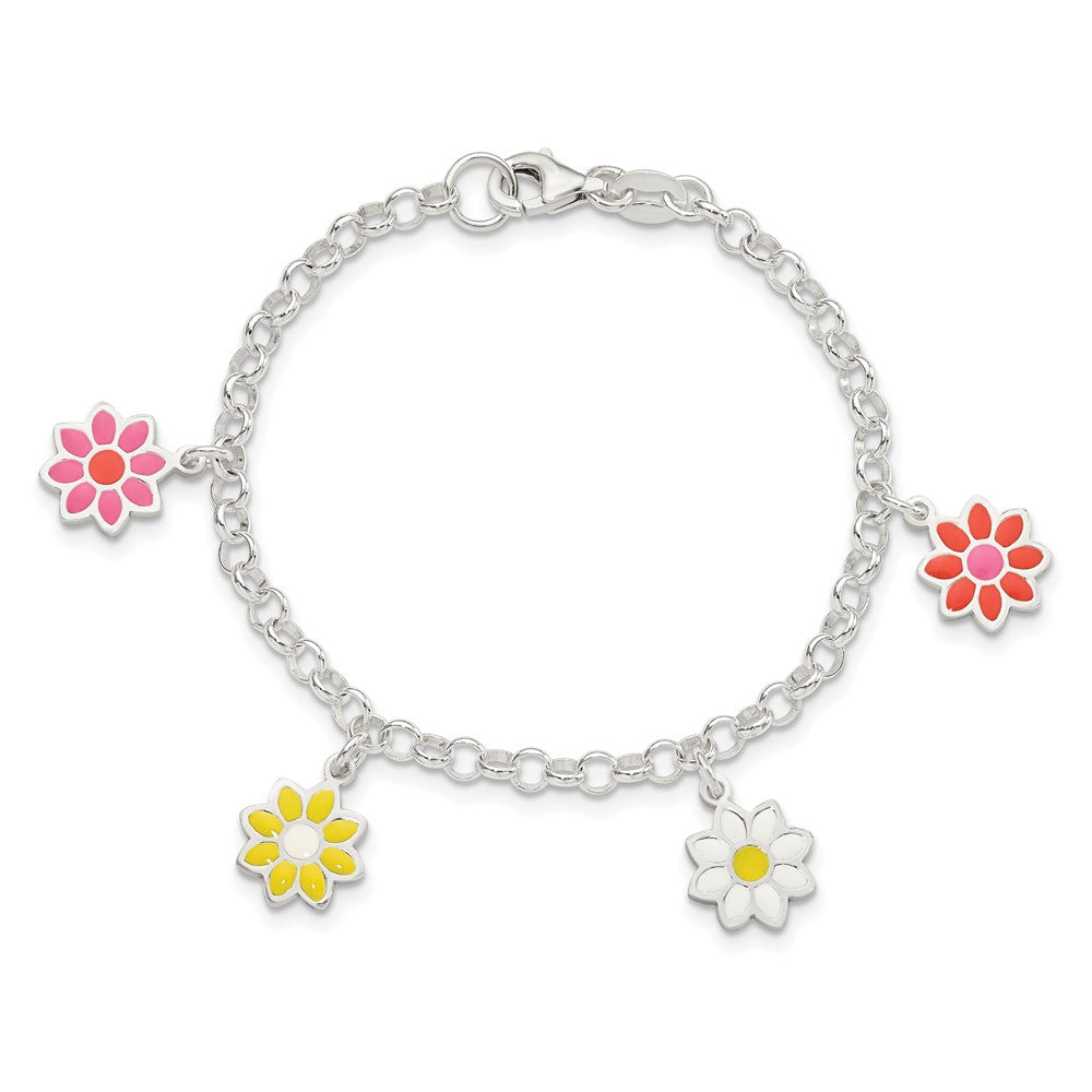 Sterling Silver Polished Multi-color Enamel Dangle Flowers Bracelet