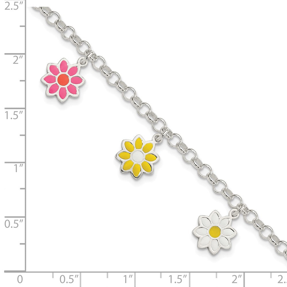 Sterling Silver Polished Multi-color Enamel Dangle Flowers Bracelet