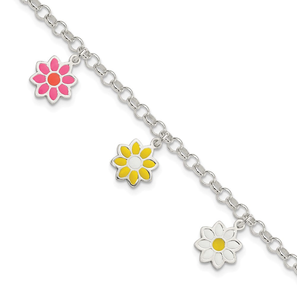 Sterling Silver Polished Multi-color Enamel Dangle Flowers Bracelet