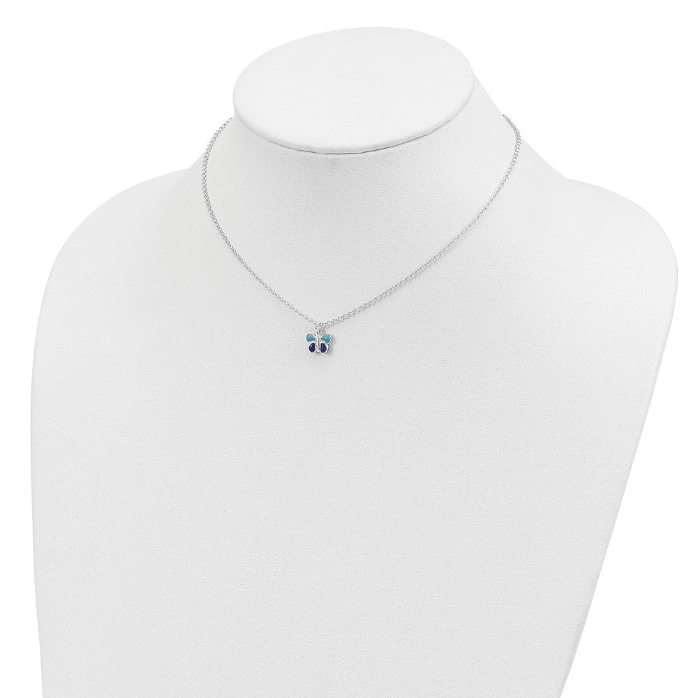 Sterling Silver Polished Enameled Butterfly 15 inch w/1.5in ext Necklace