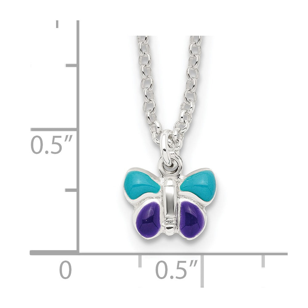 Sterling Silver Polished Enameled Butterfly 15 inch w/1.5in ext Necklace