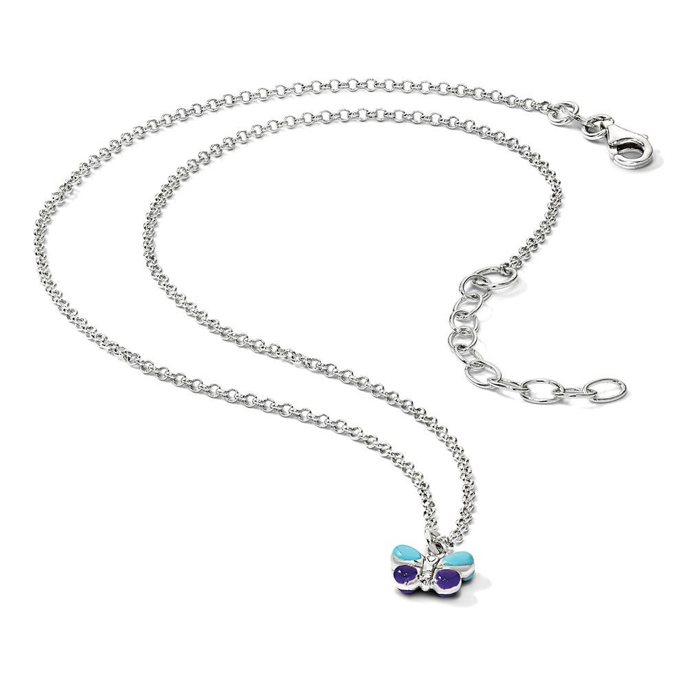 Sterling Silver Polished Enameled Butterfly 15 inch w/1.5in ext Necklace