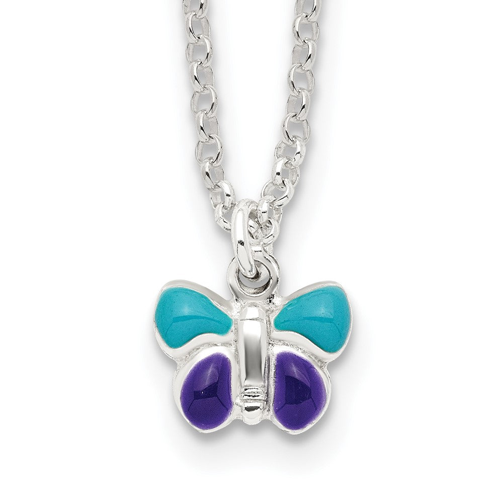 Sterling Silver Polished Enameled Butterfly 15 inch w/1.5in ext Necklace