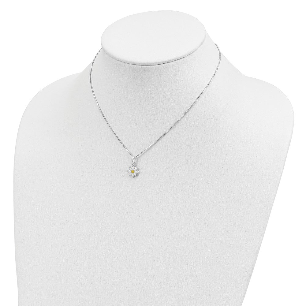 Sterling Silver Polished Yellow & White Enameled Flower 15 Inch Necklace