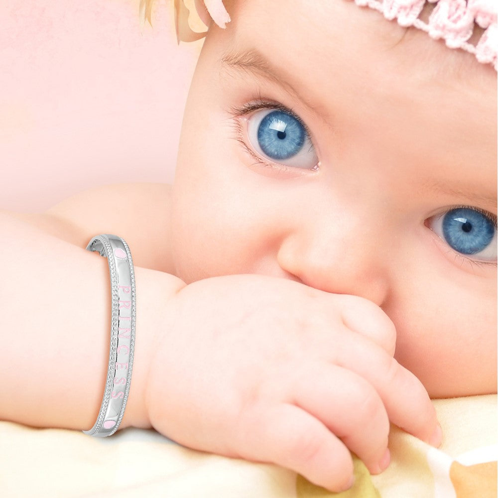 Sterling Silver RH-plated Enamel & Crystal PRINCESS w/Chain Baby Bangle
