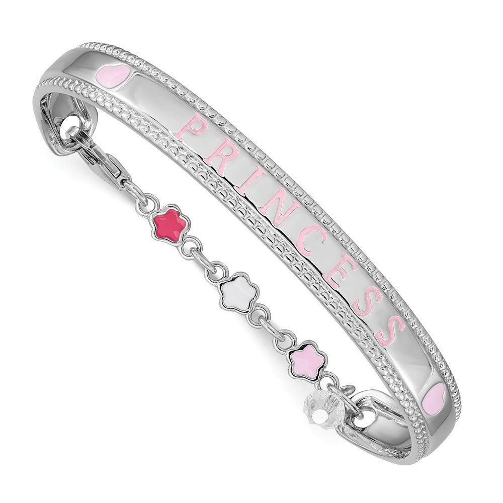 Sterling Silver RH-plated Enamel & Crystal PRINCESS w/Chain Baby Bangle