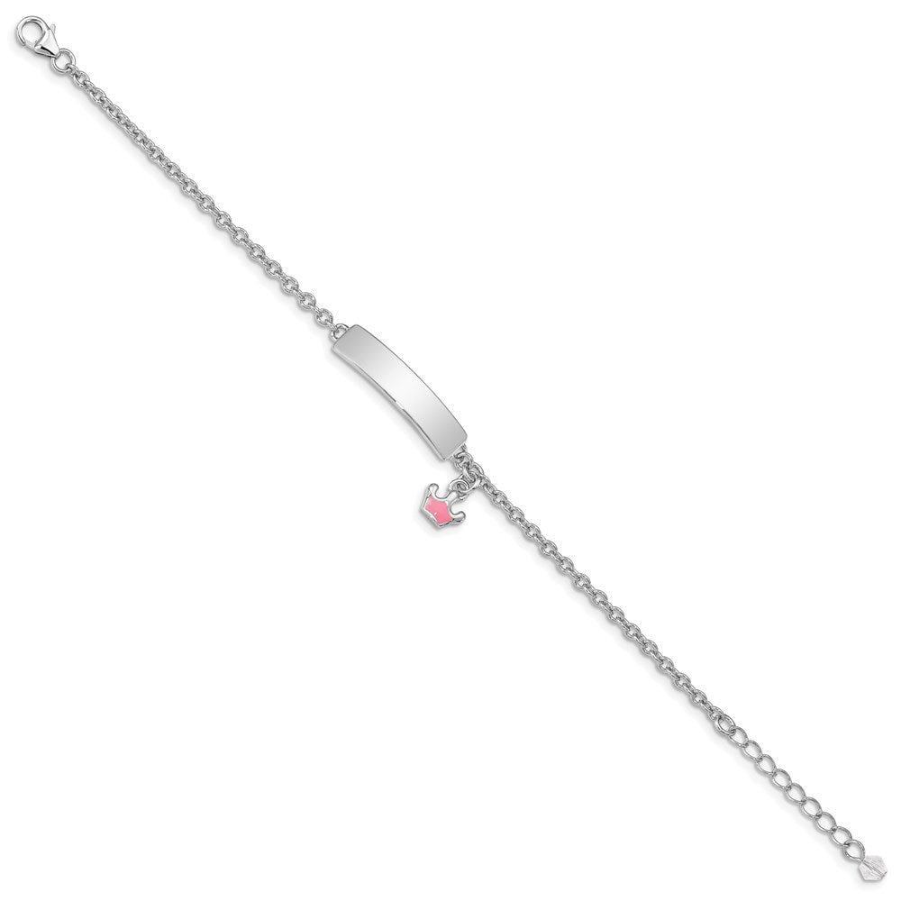 SS RH-plated Pink Enamel Crown w/ 1in Ext. Children's ID Bracelet