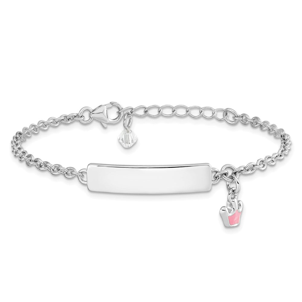 SS RH-plated Pink Enamel Crown w/ 1in Ext. Children's ID Bracelet